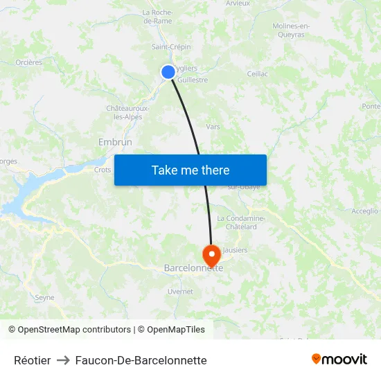 Réotier to Faucon-De-Barcelonnette map