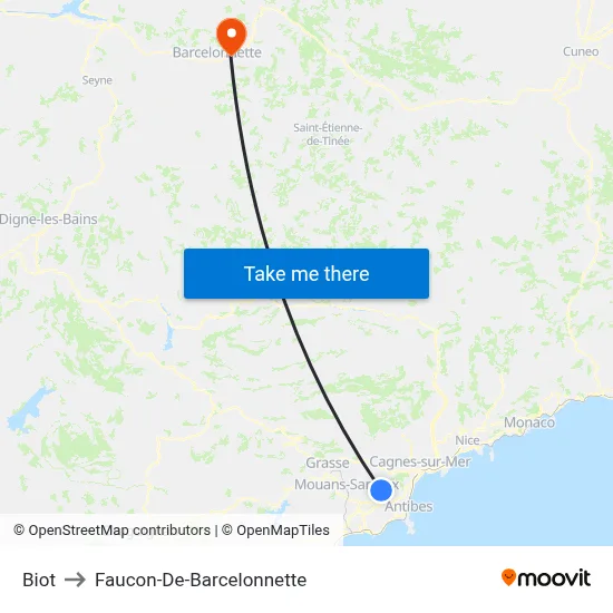 Biot to Faucon-De-Barcelonnette map
