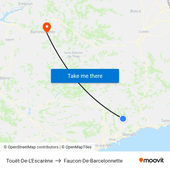 Touët-De-L'Escarène to Faucon-De-Barcelonnette map