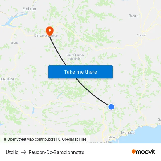 Utelle to Faucon-De-Barcelonnette map