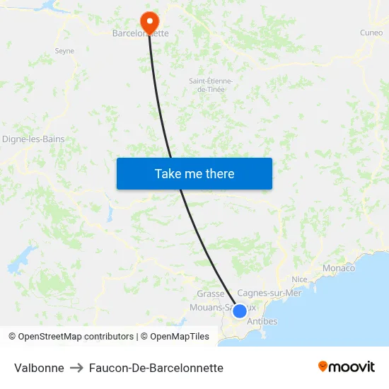 Valbonne to Faucon-De-Barcelonnette map