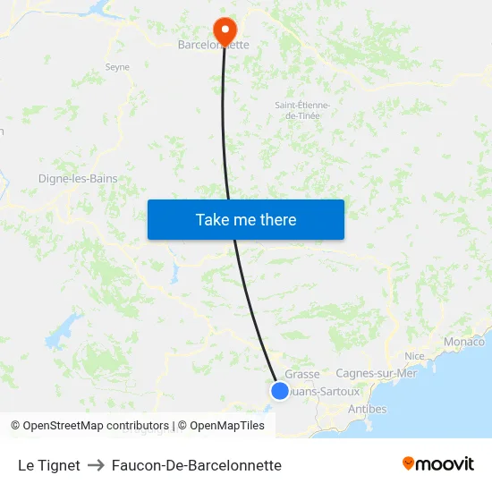 Le Tignet to Faucon-De-Barcelonnette map