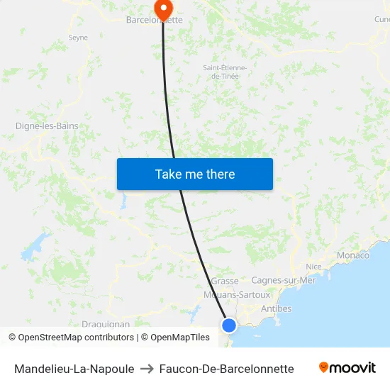 Mandelieu-La-Napoule to Faucon-De-Barcelonnette map