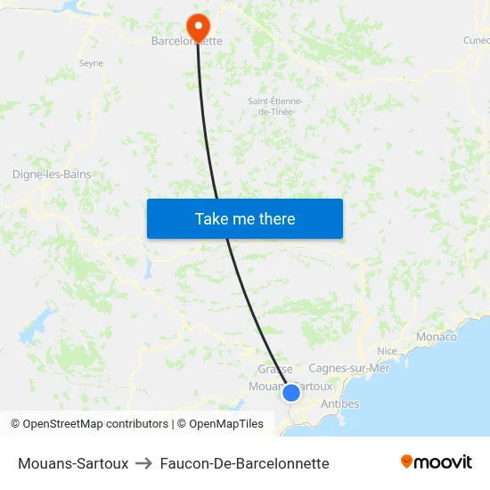Mouans-Sartoux to Faucon-De-Barcelonnette map