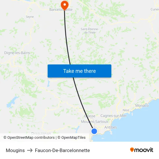 Mougins to Faucon-De-Barcelonnette map