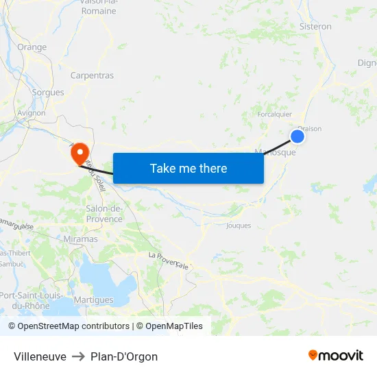 Villeneuve to Plan-D'Orgon map