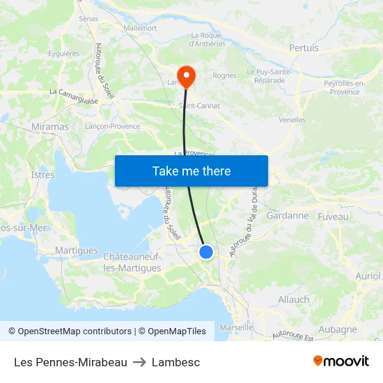 Les Pennes-Mirabeau to Lambesc map