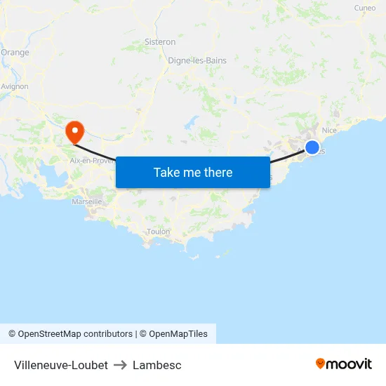 Villeneuve-Loubet to Lambesc map
