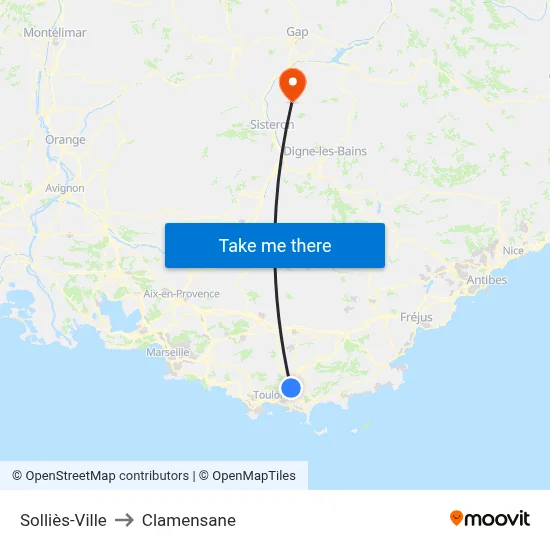 Solliès-Ville to Clamensane map