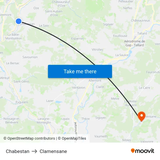 Chabestan to Clamensane map