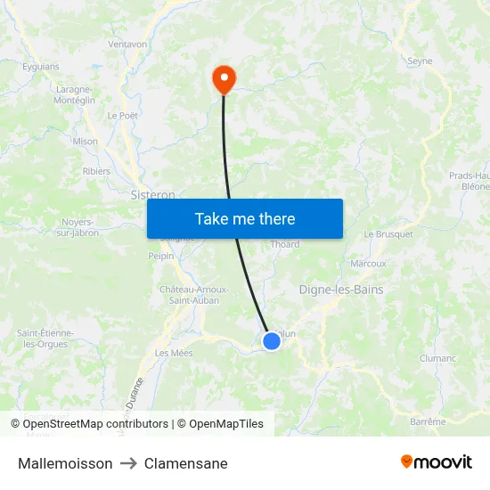 Mallemoisson to Clamensane map