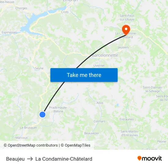 Beaujeu to La Condamine-Châtelard map