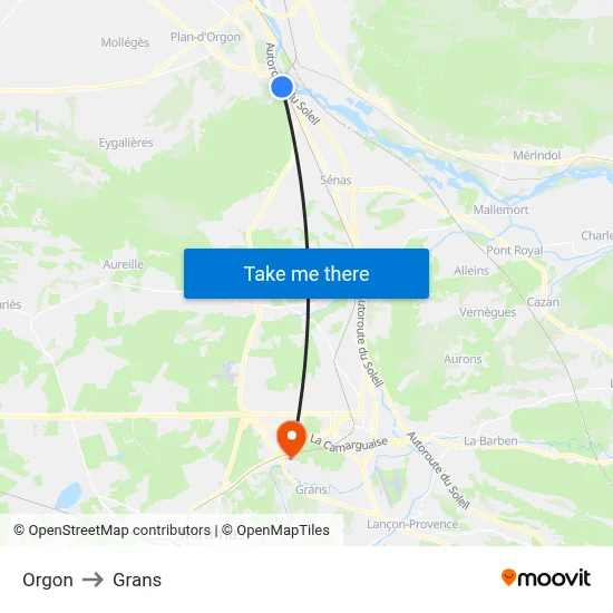 Orgon to Grans map