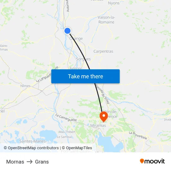 Mornas to Grans map