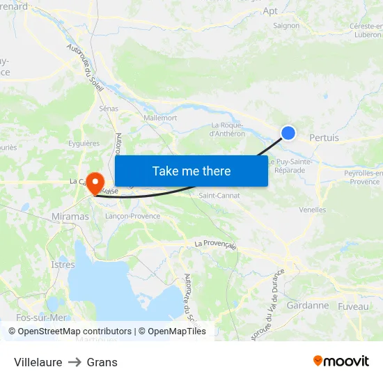 Villelaure to Grans map