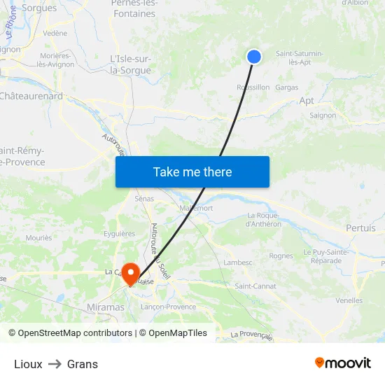 Lioux to Grans map