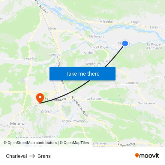 Charleval to Grans map