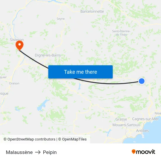 Malaussène to Peipin map
