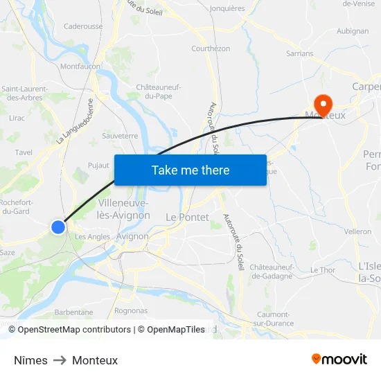 Nîmes to Monteux map