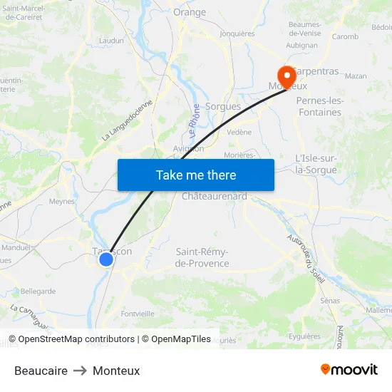 Beaucaire to Monteux map