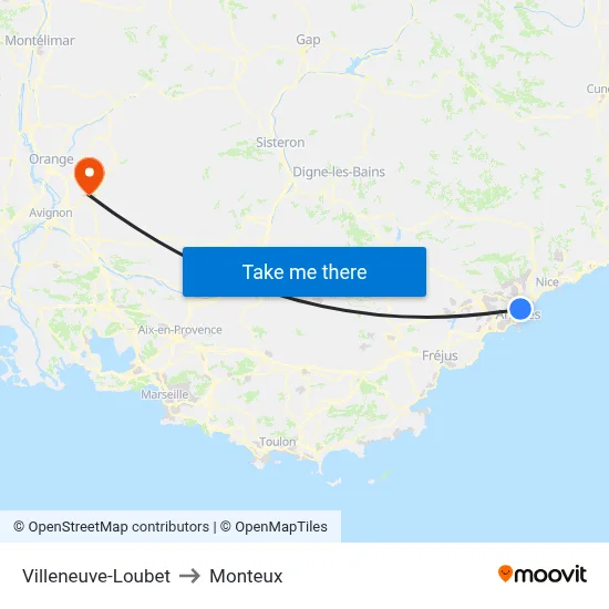 Villeneuve-Loubet to Monteux map