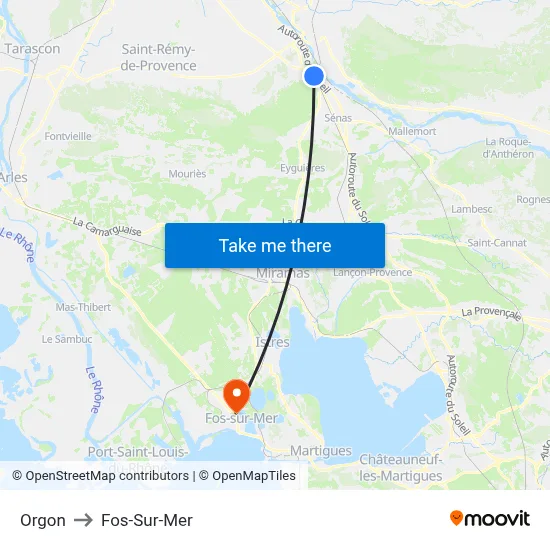 Orgon to Fos-Sur-Mer map