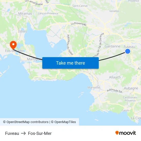Fuveau to Fos-Sur-Mer map