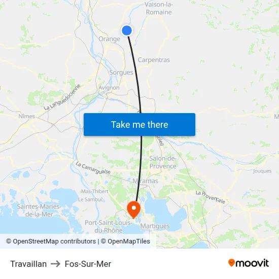 Travaillan to Fos-Sur-Mer map