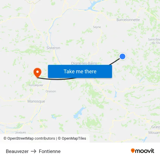 Beauvezer to Fontienne map