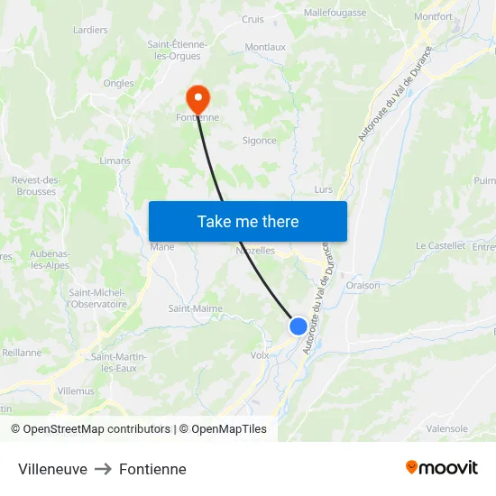 Villeneuve to Fontienne map