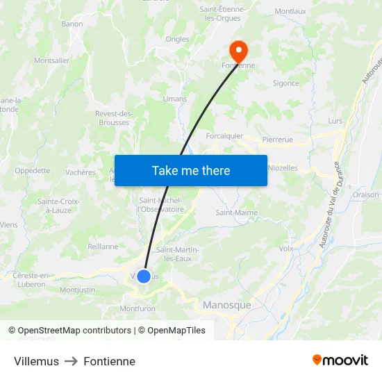 Villemus to Fontienne map