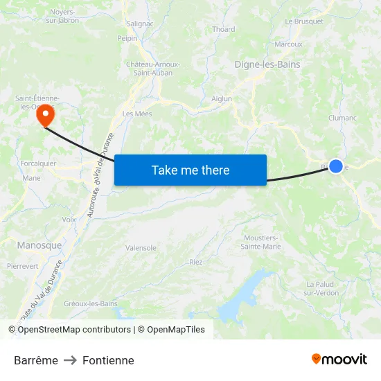 Barrême to Fontienne map