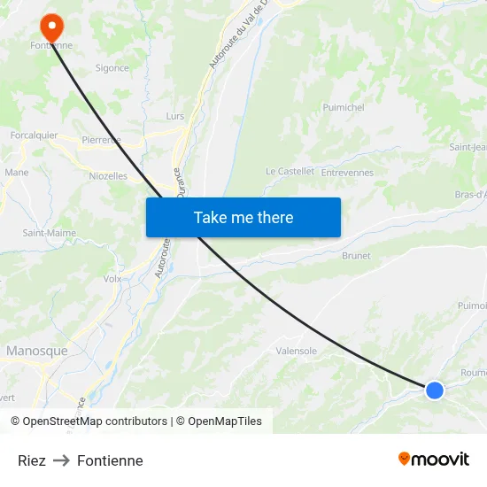 Riez to Fontienne map