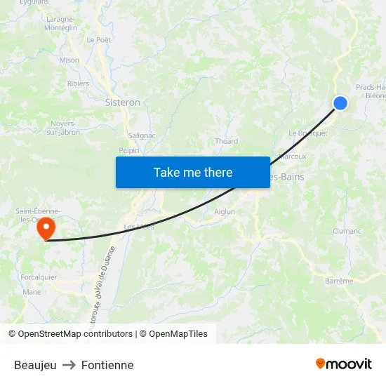 Beaujeu to Fontienne map