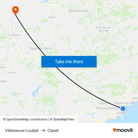 Villeneuve-Loubet to Claret map