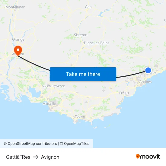 Gattiã¨Res to Avignon map