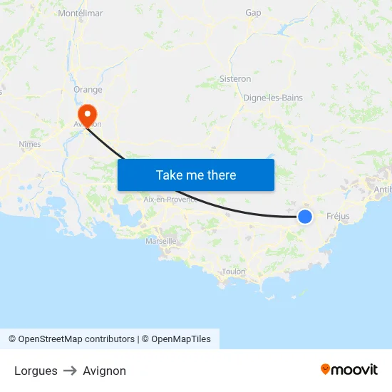 Lorgues to Avignon map