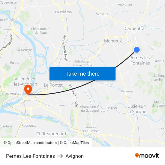 Pernes-Les-Fontaines to Avignon map