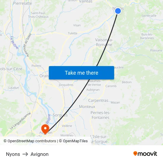 Nyons to Avignon map