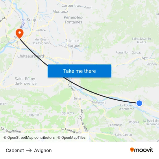 Cadenet to Avignon map