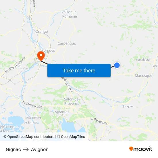 Gignac to Avignon map