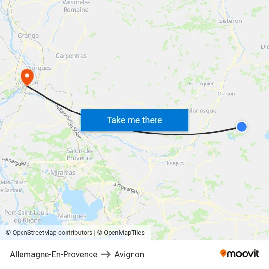 Allemagne-En-Provence to Avignon map