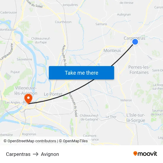 Carpentras to Avignon map