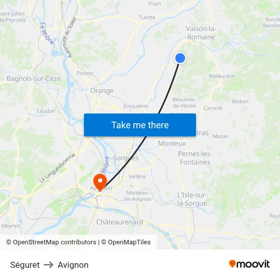 Séguret to Avignon map