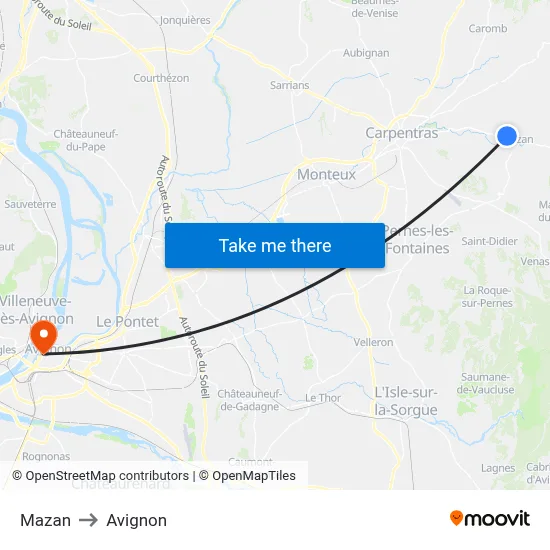 Mazan to Avignon map
