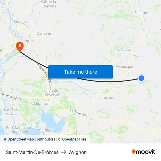 Saint-Martin-De-Brômes to Avignon map