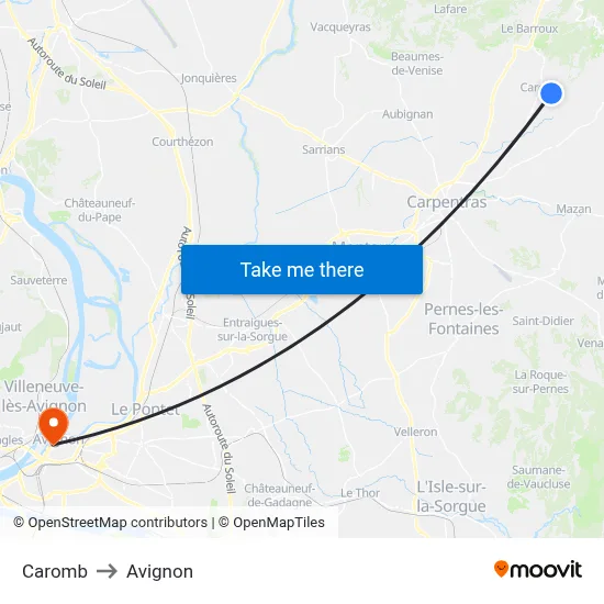 Caromb to Avignon map