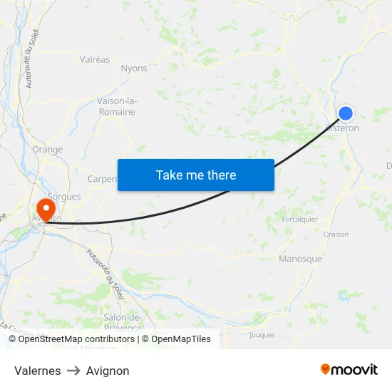 Valernes to Avignon map