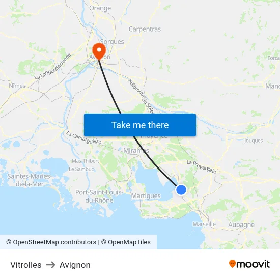 Vitrolles to Avignon map