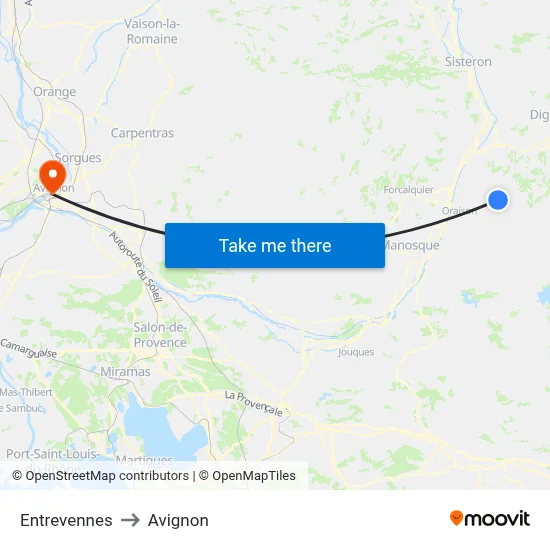 Entrevennes to Avignon map
